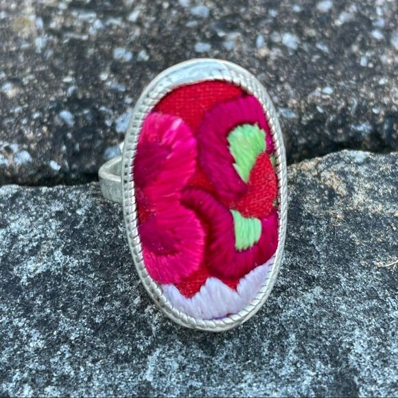 COPY - Hand crafted BOHO Hand Embroidered Adjustable Silver Ring Tribal Festival - Picture 4 of 7